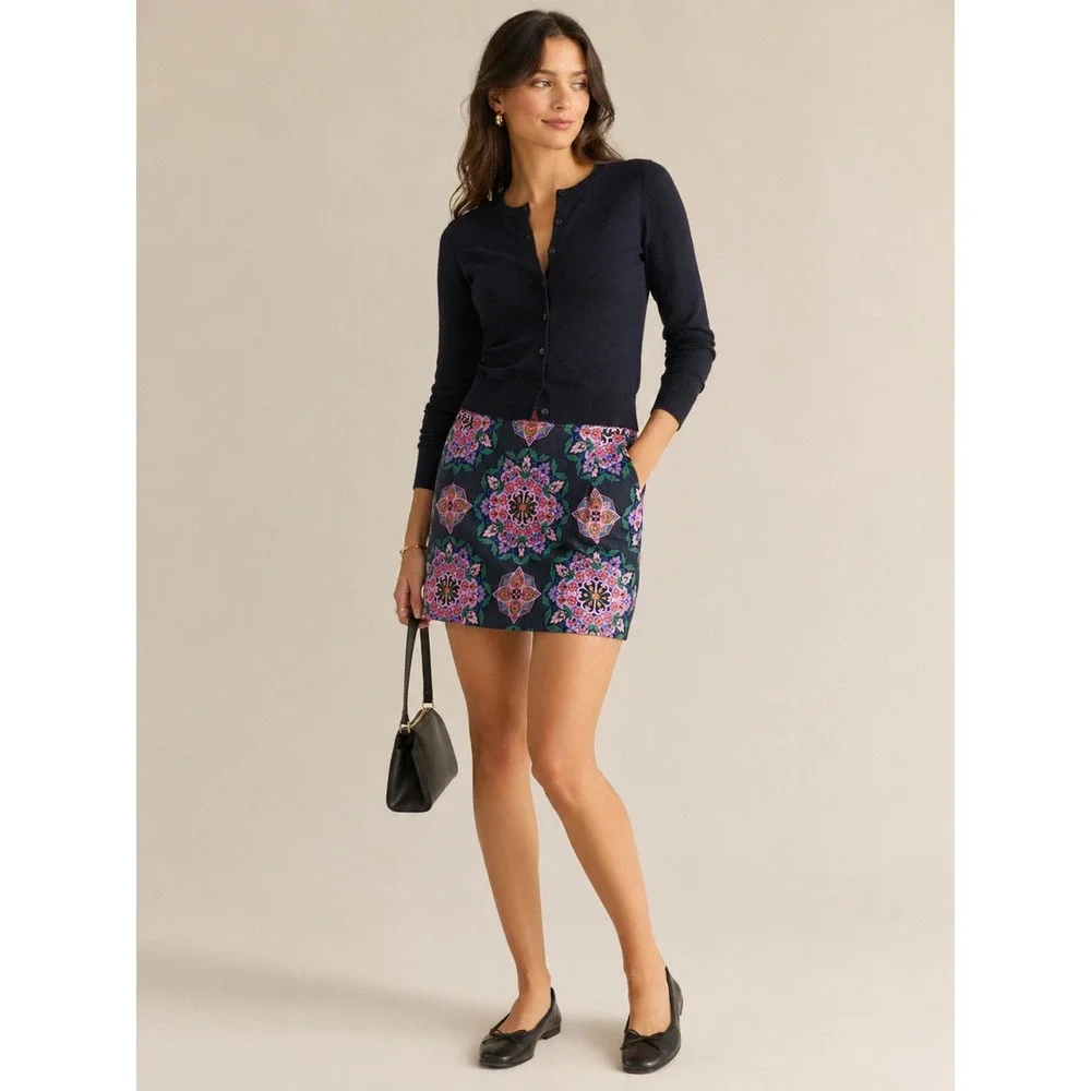 J.Crew‎ Mini Skirt Womens 2 Navy Pink Mandala Floral A0111 Boho Preppy Colorful
